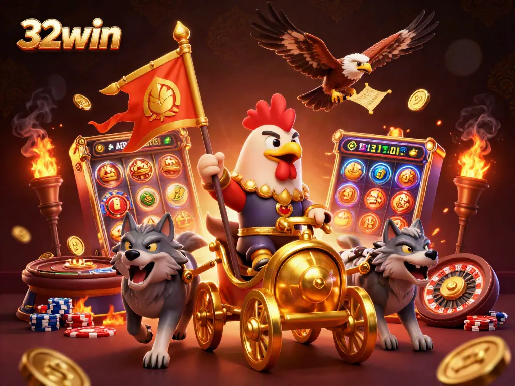 Engage in winning strategies at 32win with this dynamic 3D casino illustration featuring a rooster warlord and vibrant gambling elements.