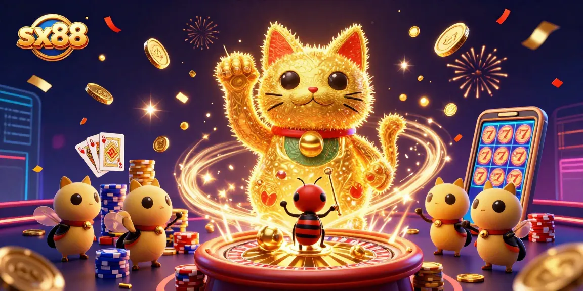 Engage with sx88 for a golden cat-themed casino adventure showcasing festive elements and vibrant action.