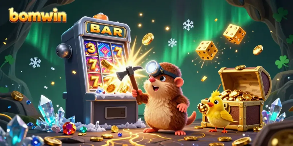 Blast winning jackpots with Bomwin in this vibrant 3D casino scene.