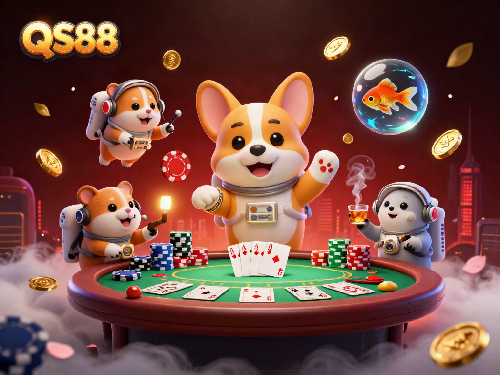 Experience the excitement of QS88 with a floating corgi astronaut in a vibrant casino scene.