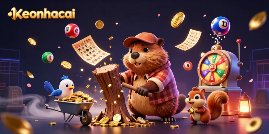 Experience keonhacai as a vibrant scene depicts a cartoon lumberjack beaver and friends in a casino-themed setting.