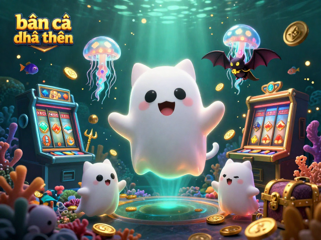 Engage in bắn cá đổi thưởng with friendly ghost cat and vampire bat in an underwater casino adventure.