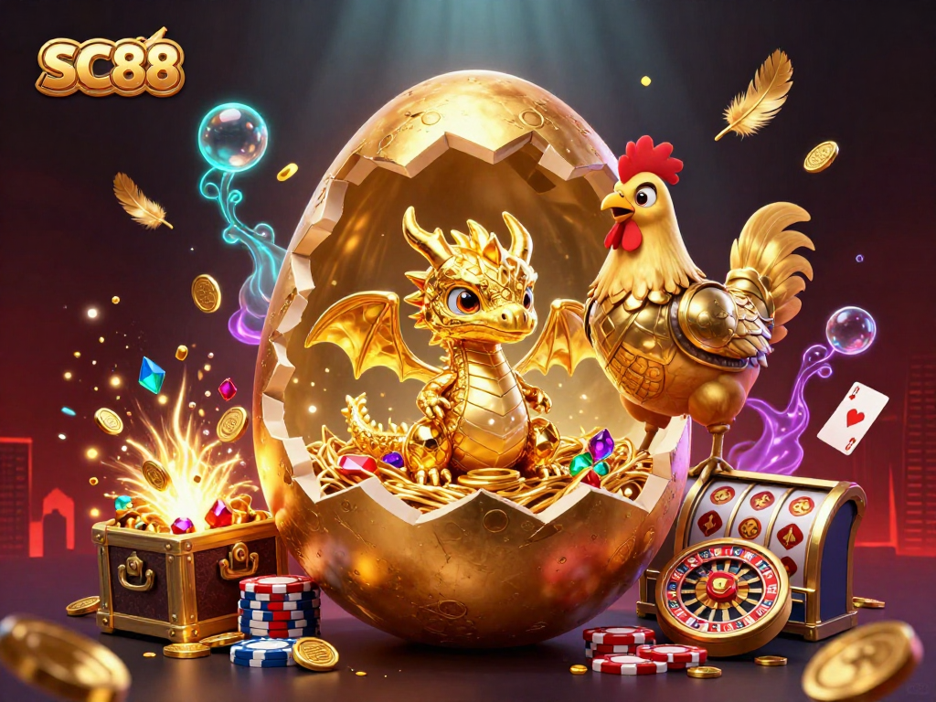 Experience SC88's thrilling gaming scene with a golden dragon on poker chips and dynamic casino elements.