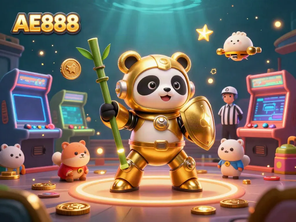 Engage with the vibrant AE888 gaming arena featuring a mech-suit panda and arcade elements.