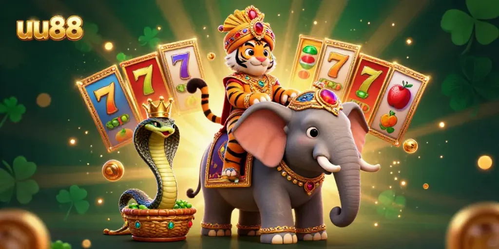Experience excitement with uu88 in a colorful 3D casino scene showcasing vibrant slot reels and characters.