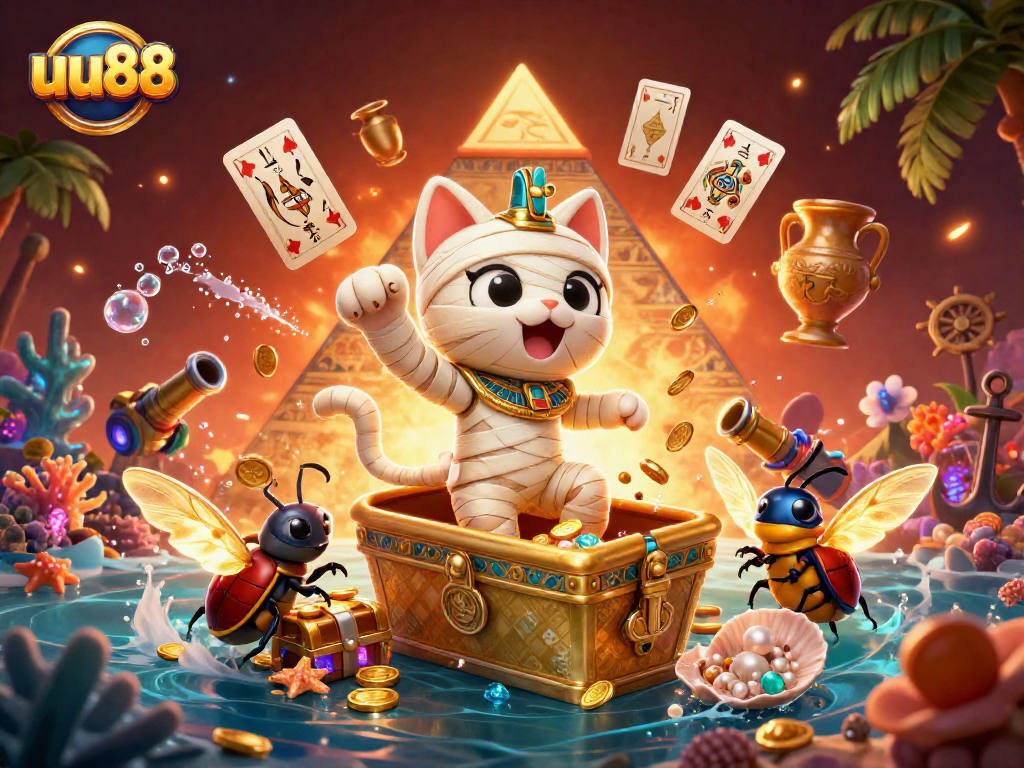 Experience thrilling moments at uu88 with a mummy cat and treasure galore in this vibrant casino scene.