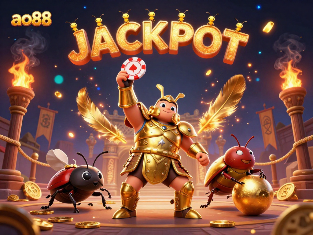 Engage with ao88's thrilling vibe as beetles celebrate a jackpot in a lively casino atmosphere.