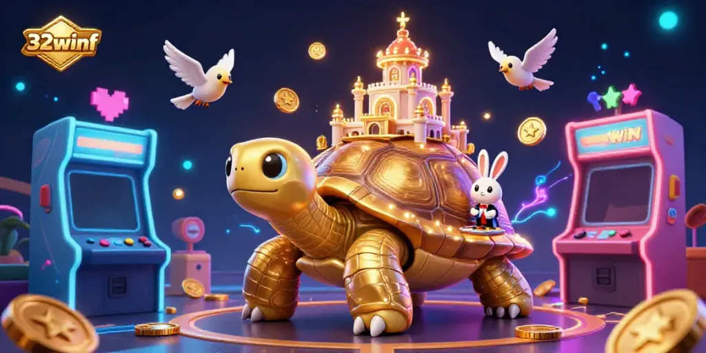 Experience the vibrant gaming scene of 32winf with a golden tortoise casino, lively game elements, and animated characters.