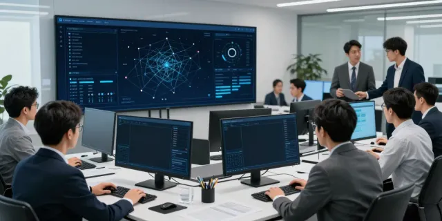 Vulnerability assessment in cybersecurity office with professionals analyzing network maps.