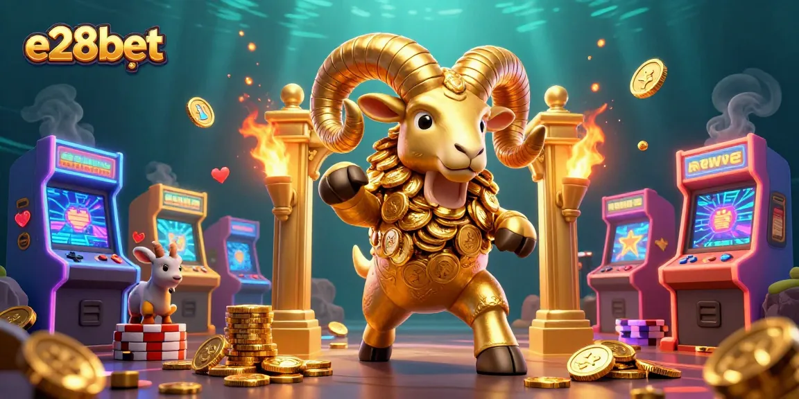 e28bet showcases a dynamic scene with a golden ram charging through a casino-themed environment, engaging in thrilling gaming.