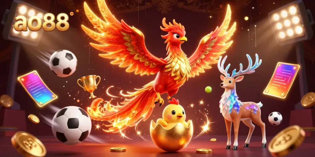 Witness ao88's vibrant gaming world with a phoenix theme and dynamic sports elements.
