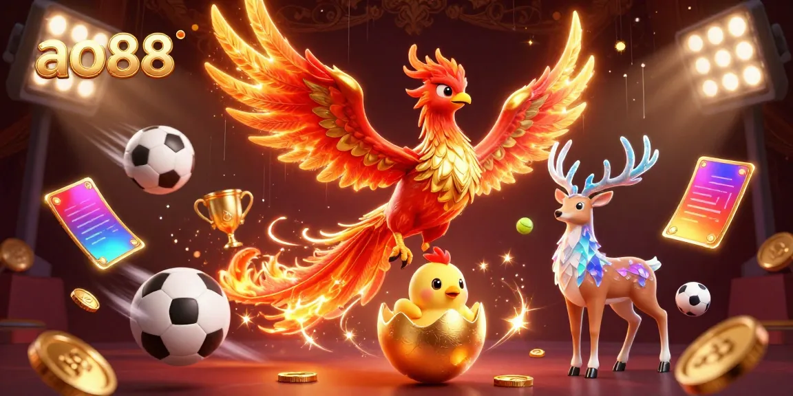 Witness ao88's vibrant gaming world with a phoenix theme and dynamic sports elements.