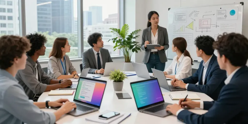 Collaborative workspace with professionals brainstorming informative post strategies.