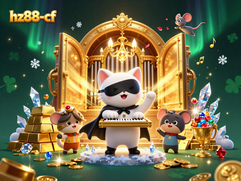 Experience the thrill of hz88-cf with a whimsical casino scene showcasing a phantom cat, mouse acrobat, and treasure galore.