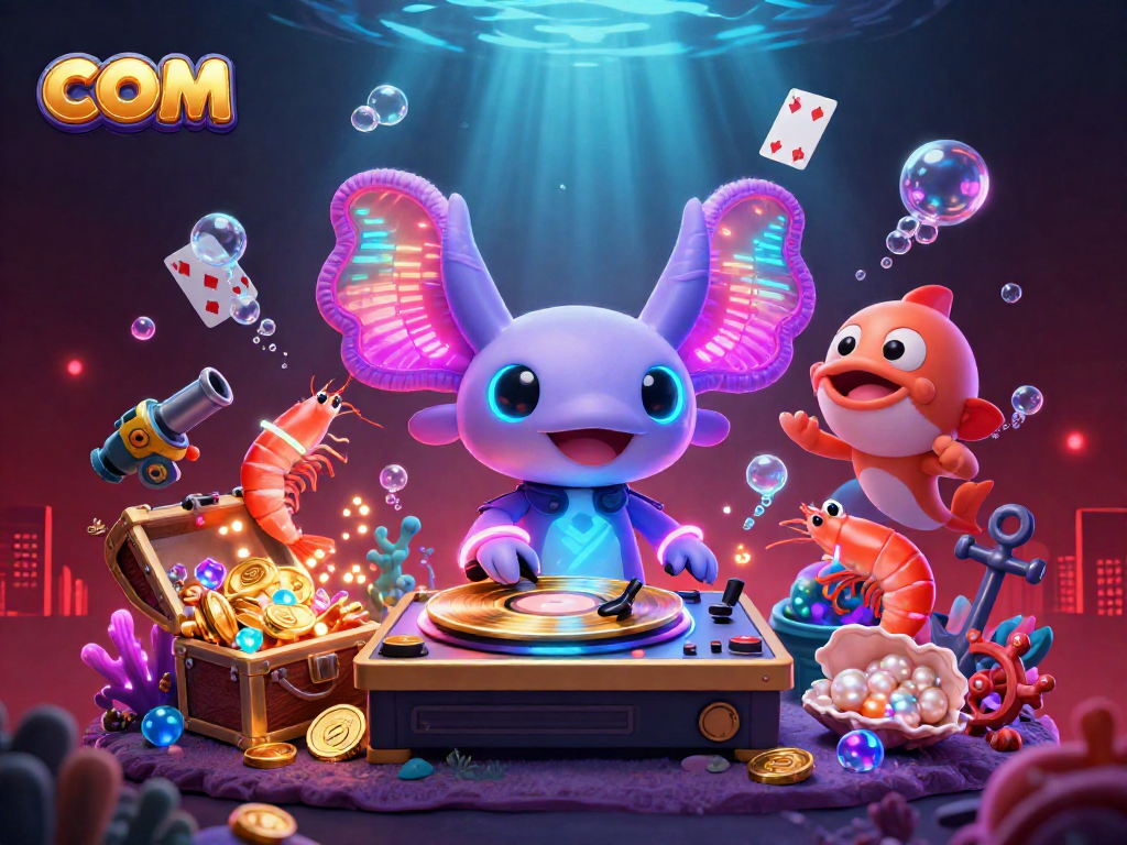 Engage with com by spinning golden records in a vibrant underwater casino scene filled with treasures.