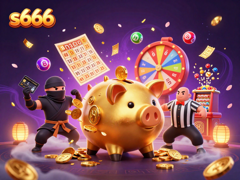 Spin and win with S666 at this vibrant casino illustration featuring exciting game elements.