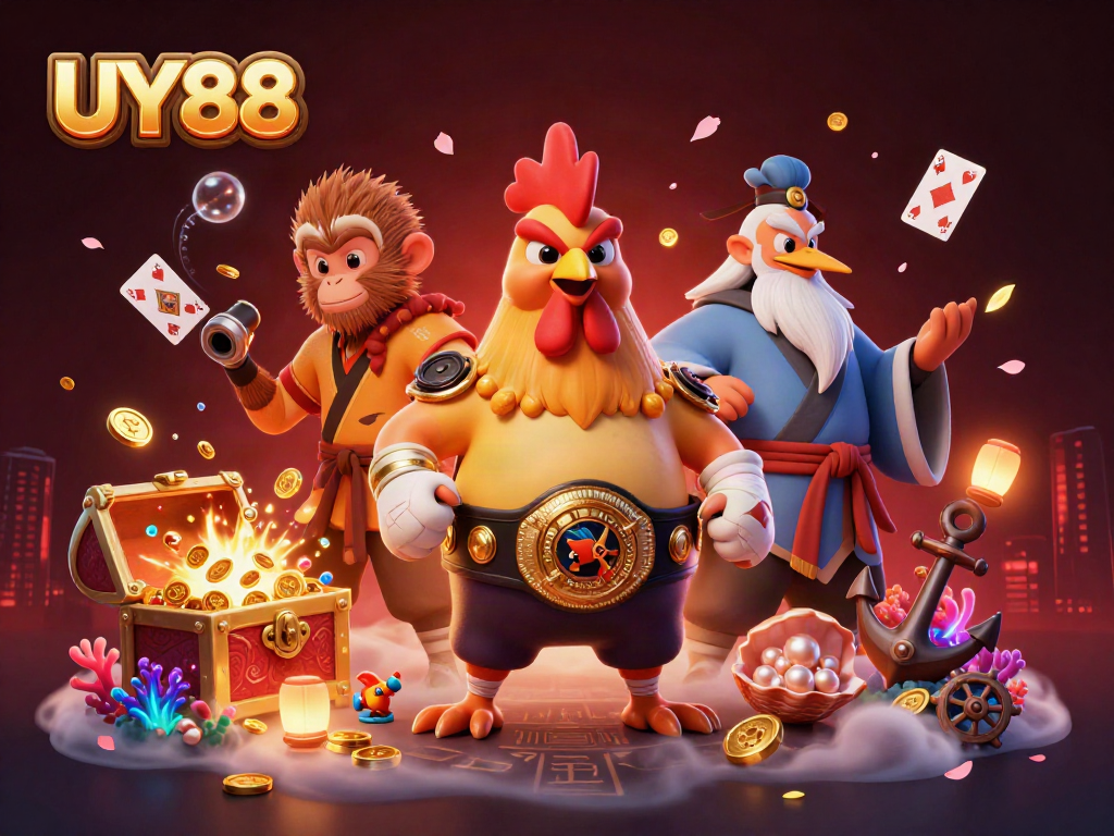 Engage in epic gameplay with UY88 featuring a Muay Thai rooster and martial artists surrounded by vibrant casino elements.