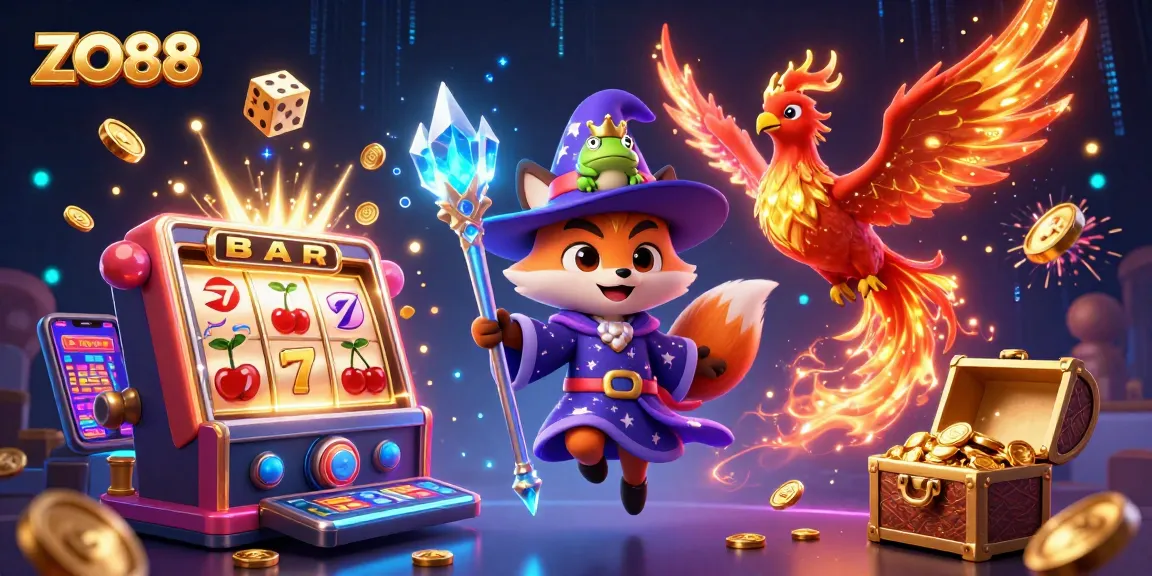 Win big with ZO88 casino games amidst a fantastical scene of a wizard, phoenix, and treasures.