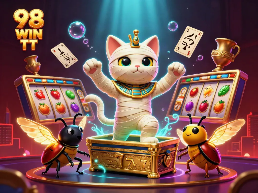 A lively scene showcasing 98 WIN TT with a mummy cat and glowing beetle amidst vibrant casino symbols, captivating gamblers.