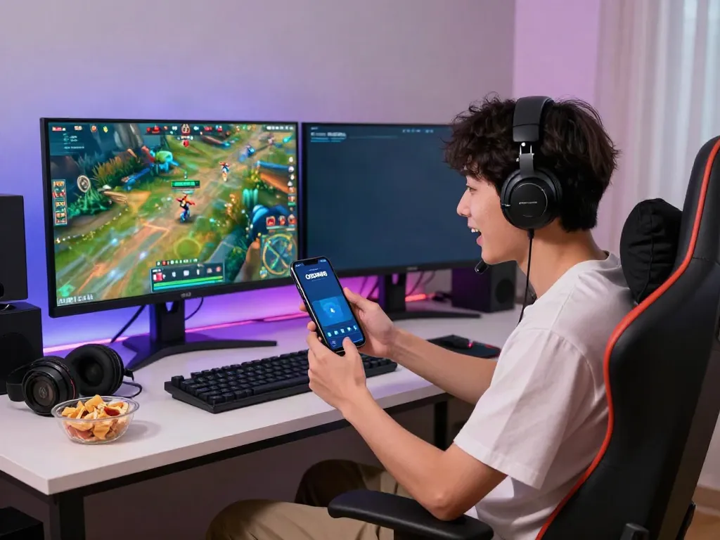 Engaged player using the ORION88 mobile app in a colorful gaming environment.