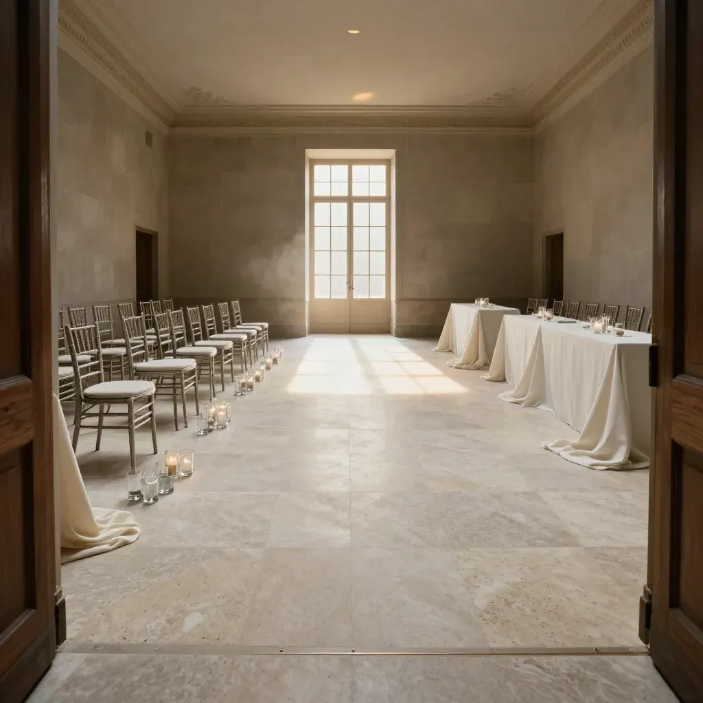 Empty event hall held open, with chairs, votives and draped linen in cinematic light.