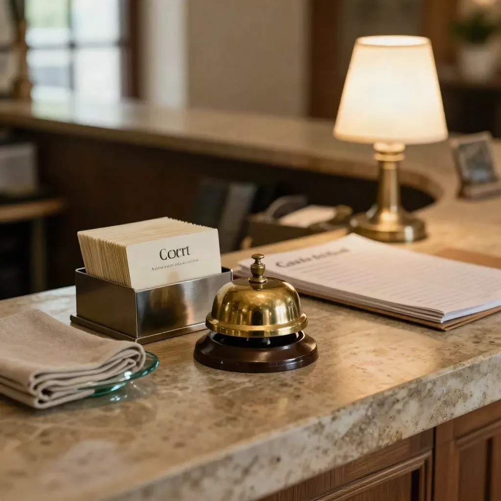 Hotel reception counter with brass bell, key cards, linen tray, lamp glow, and blurred guest ledger.