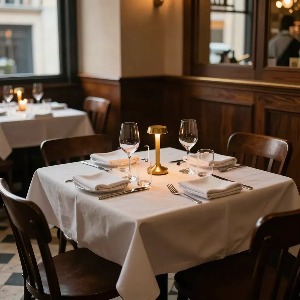 Reserved brasserie table for two with candlelight, glassware, and warm evening glow.