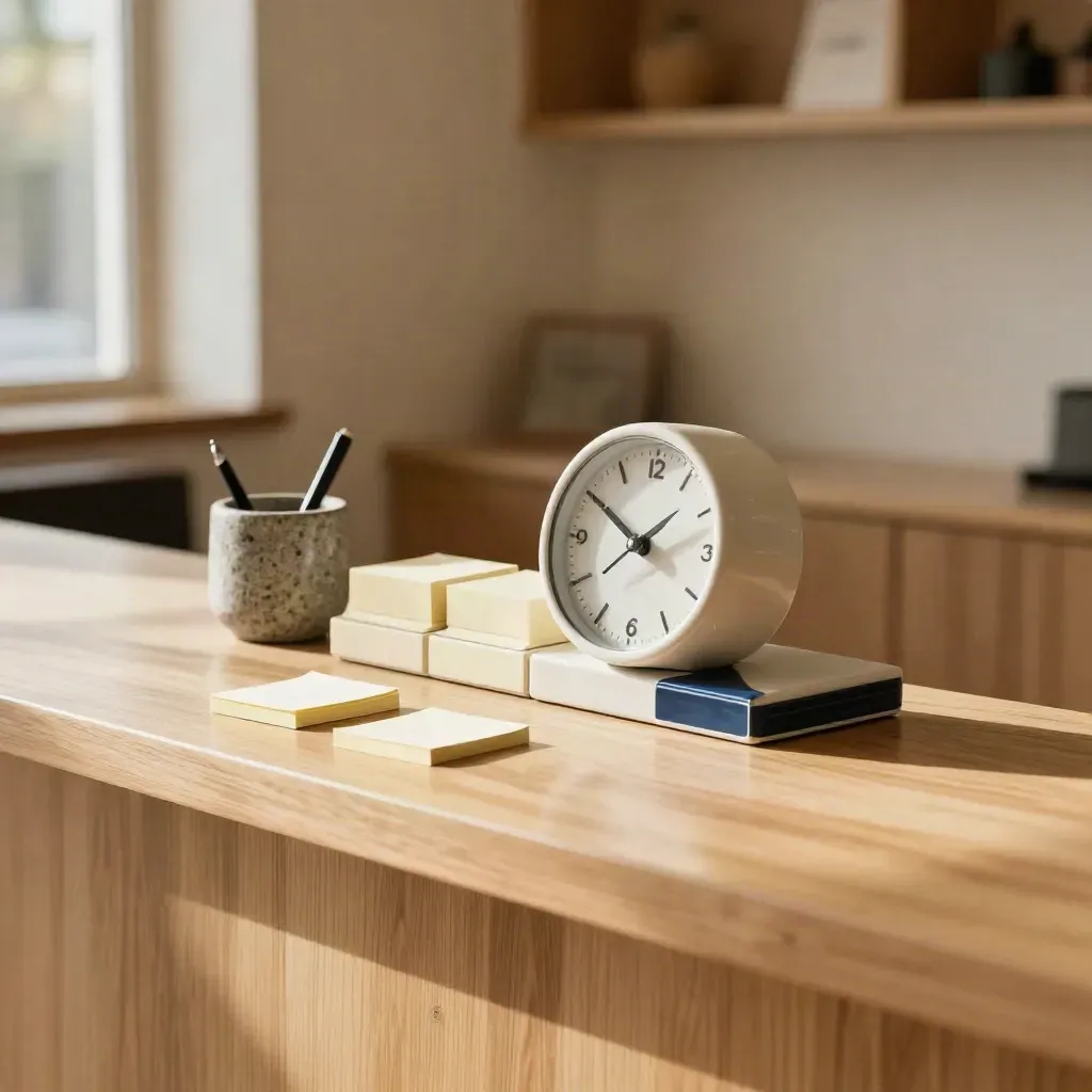 Calm appointment counter with clock, time blocks, pen cup and reminder tokens on warm wood.