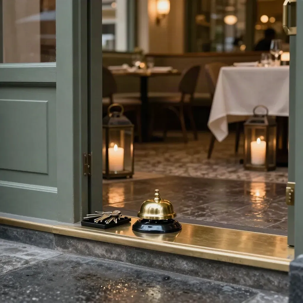Polished hotel-restaurant threshold with brass bell, lanterns, key tray, and wet stone glow