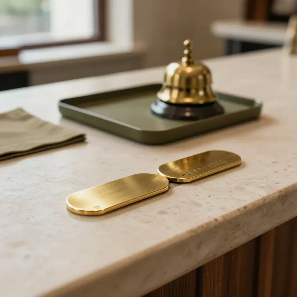 Brass reservation tokens slide on a reception sideboard beside a compact bell.