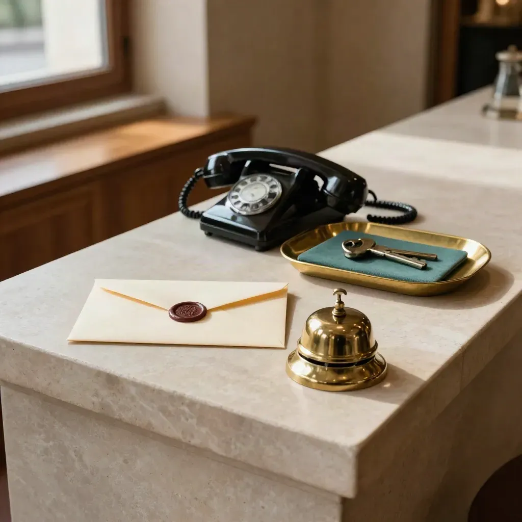 Sealed envelope, face-down phone, key tray and brass bell on pale stone ledge.