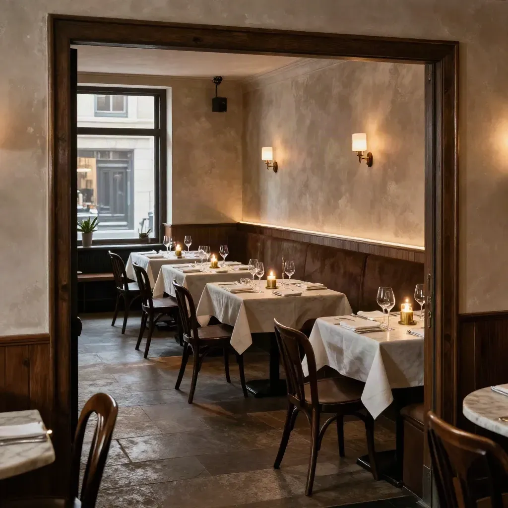 Empty Soho dining room set for dinner service, candles lit, glassware aligned, chairs squared.