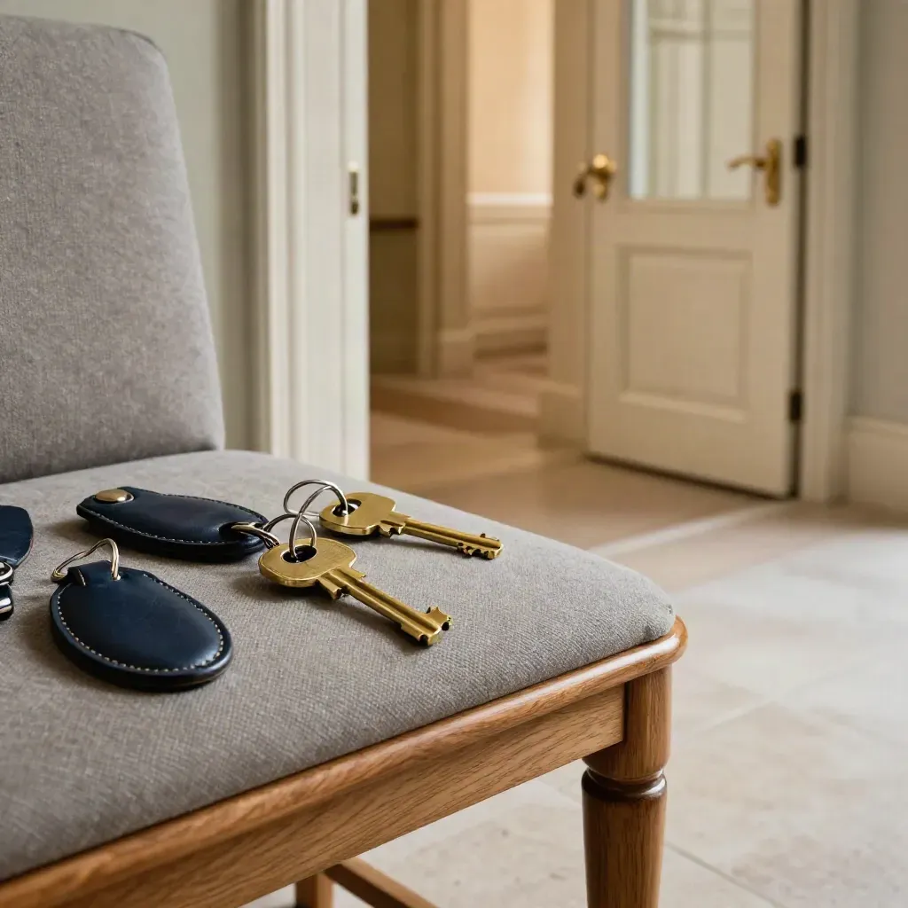 Brass hotel keys on a luggage bench beside softly lit corridor doors