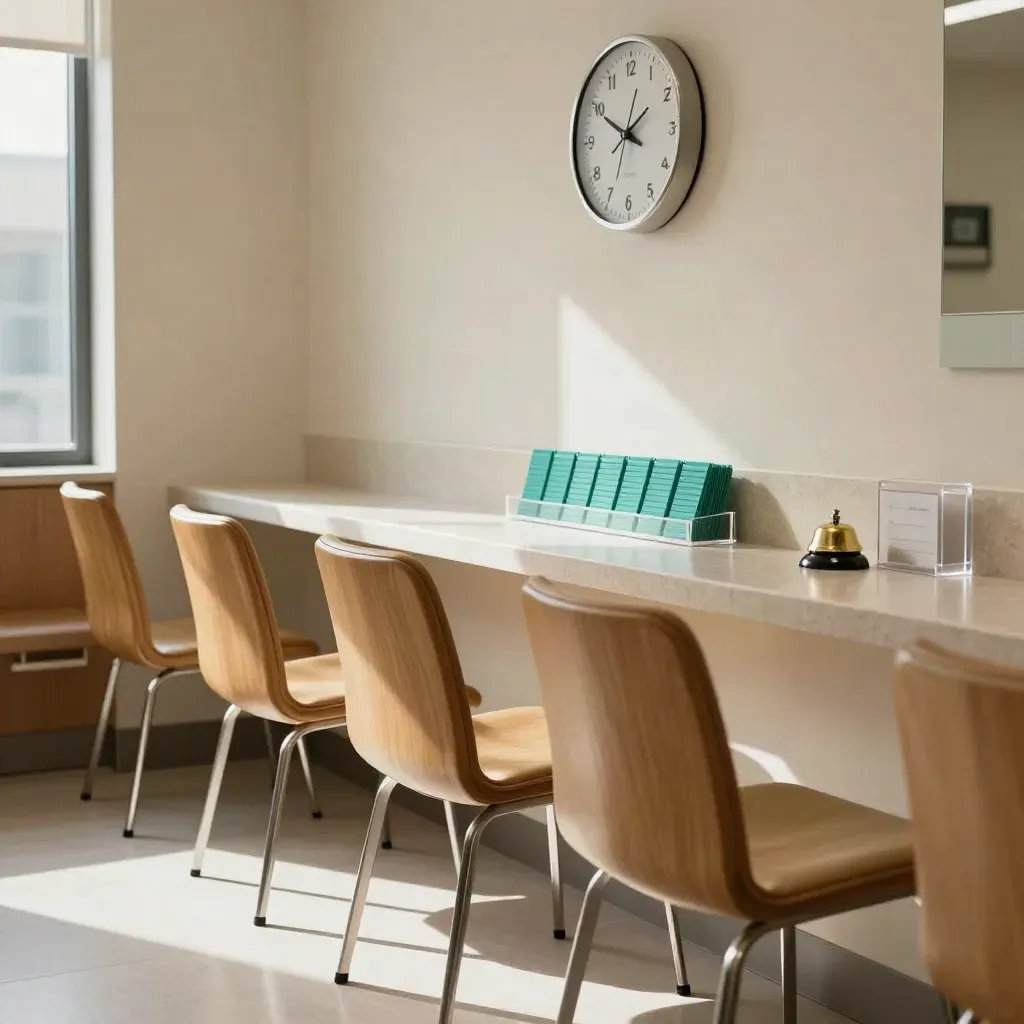 Quiet clinic waiting area with aligned chairs, wall clock, and teal appointment markers on a pale counter.