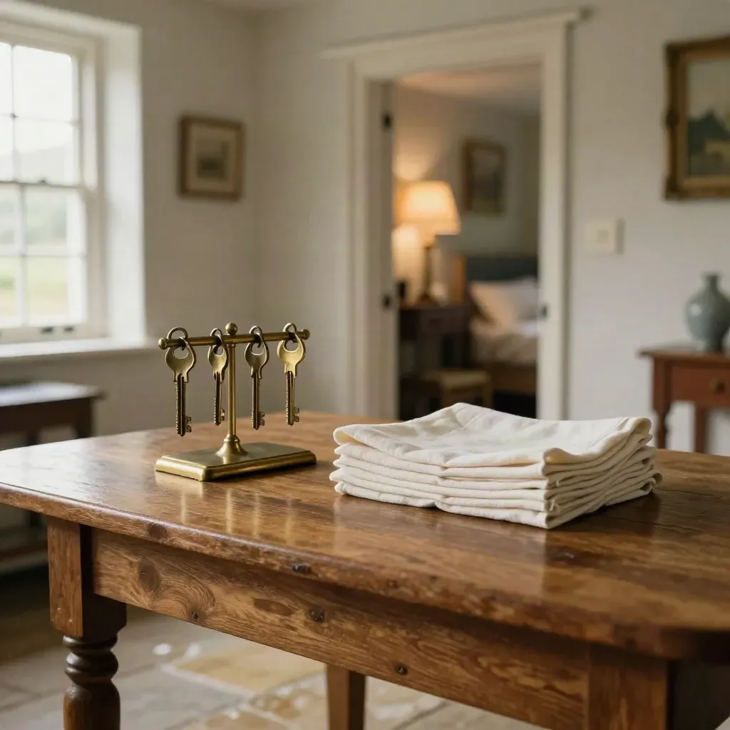Cornwall guesthouse entry table with keys, folded linen, glowing lamp, and open doorway