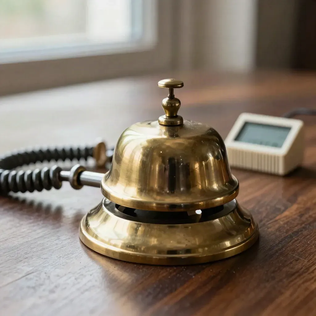Macro still life of a brass service bell, handset cradle and two timer blocks on walnut.