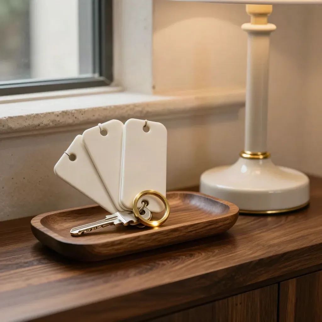 Blank hotel key fobs, brass ring, tray and ceramic lamp base in dramatic still life.