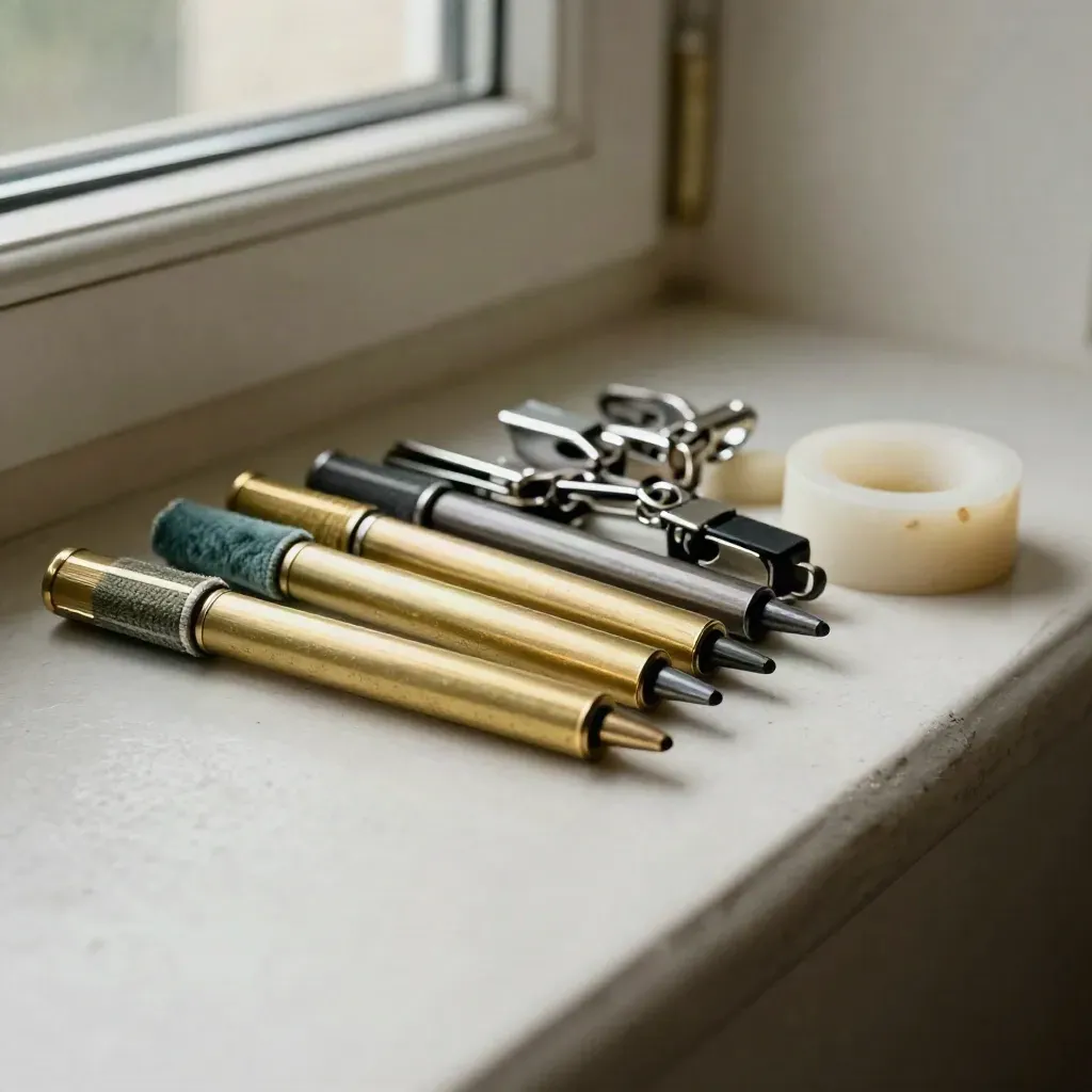 Venue hold tools close-up: brass table markers, velvet rope clips, and candle sleeves on pale plaster.