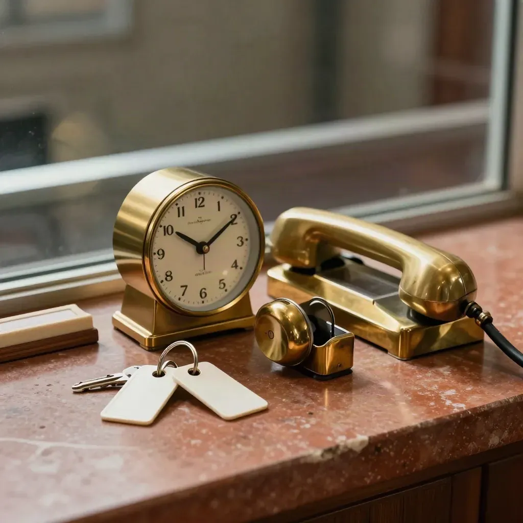 Brass clock, swapped key tags, handset and paperweight on a terracotta reception ledge
