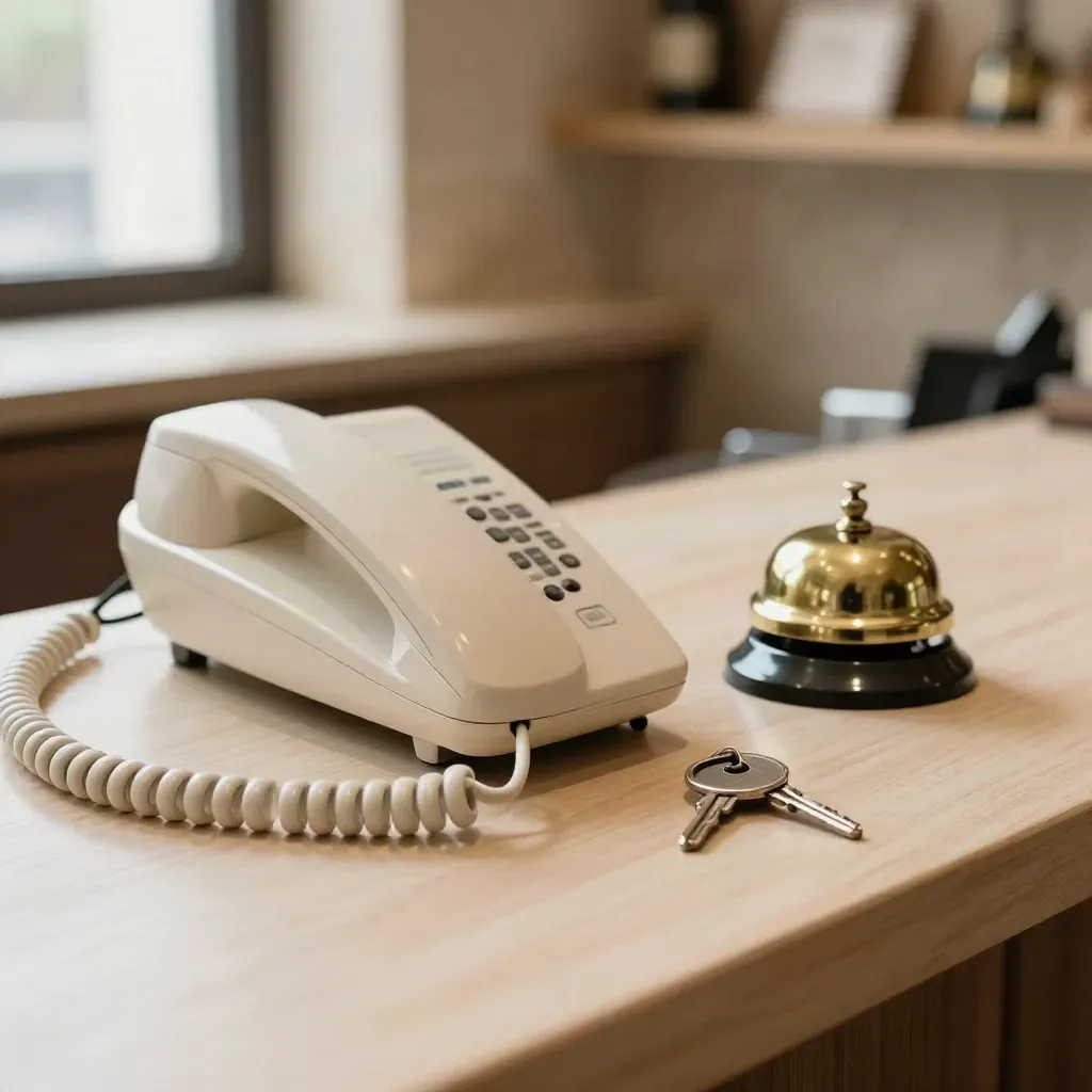 Phone handset, service bell and key ring on a pale wood counter in soft side light.