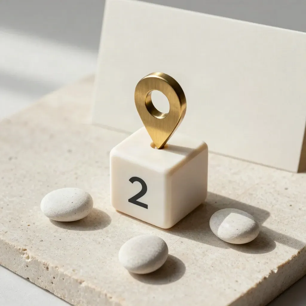 Overhead flatlay of a calendar cube, brass pin and three pebbles on pale stone.