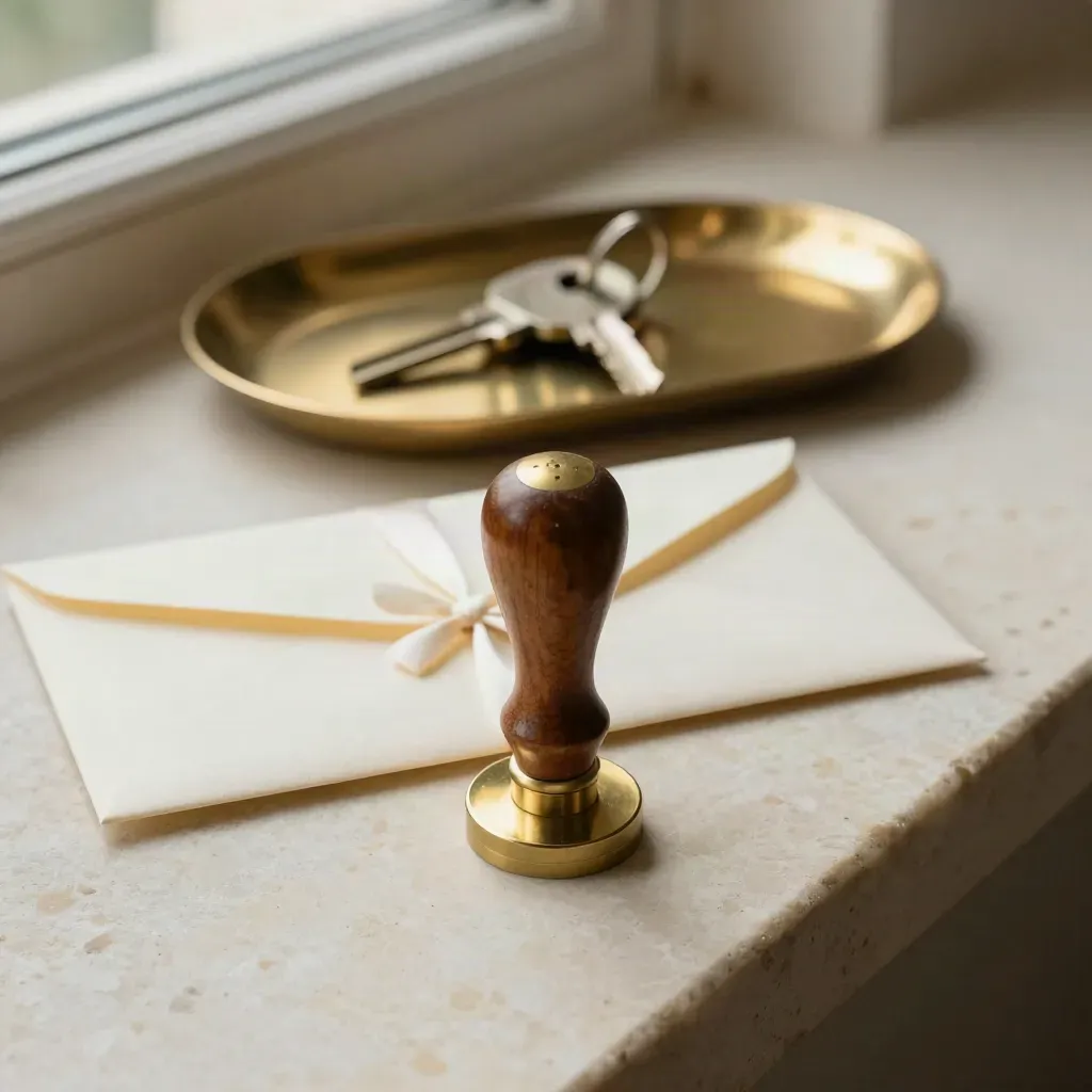 Wax seal stamp, ribboned key envelope, and brass tray with two keys on limestone.
