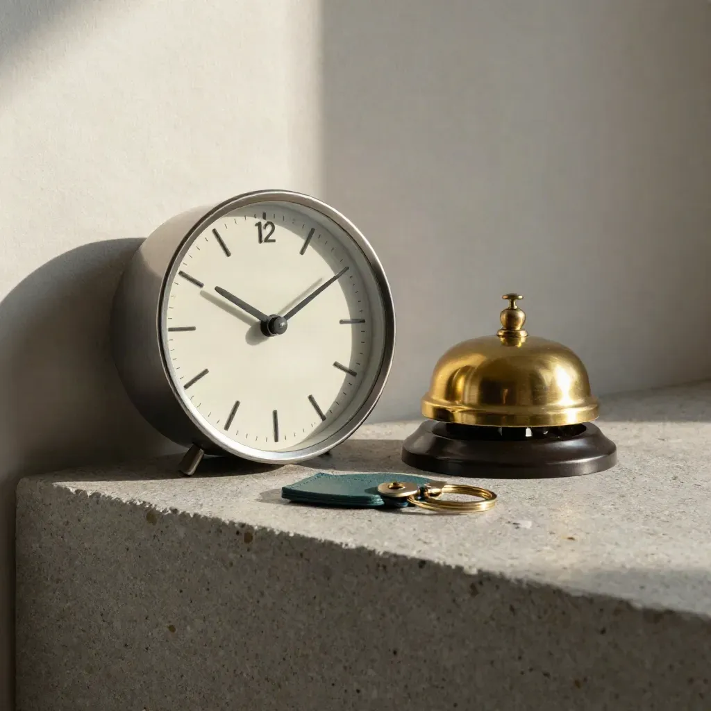 Brass desk clock, service bell, and teal key tags on a stone shelf in soft side light.