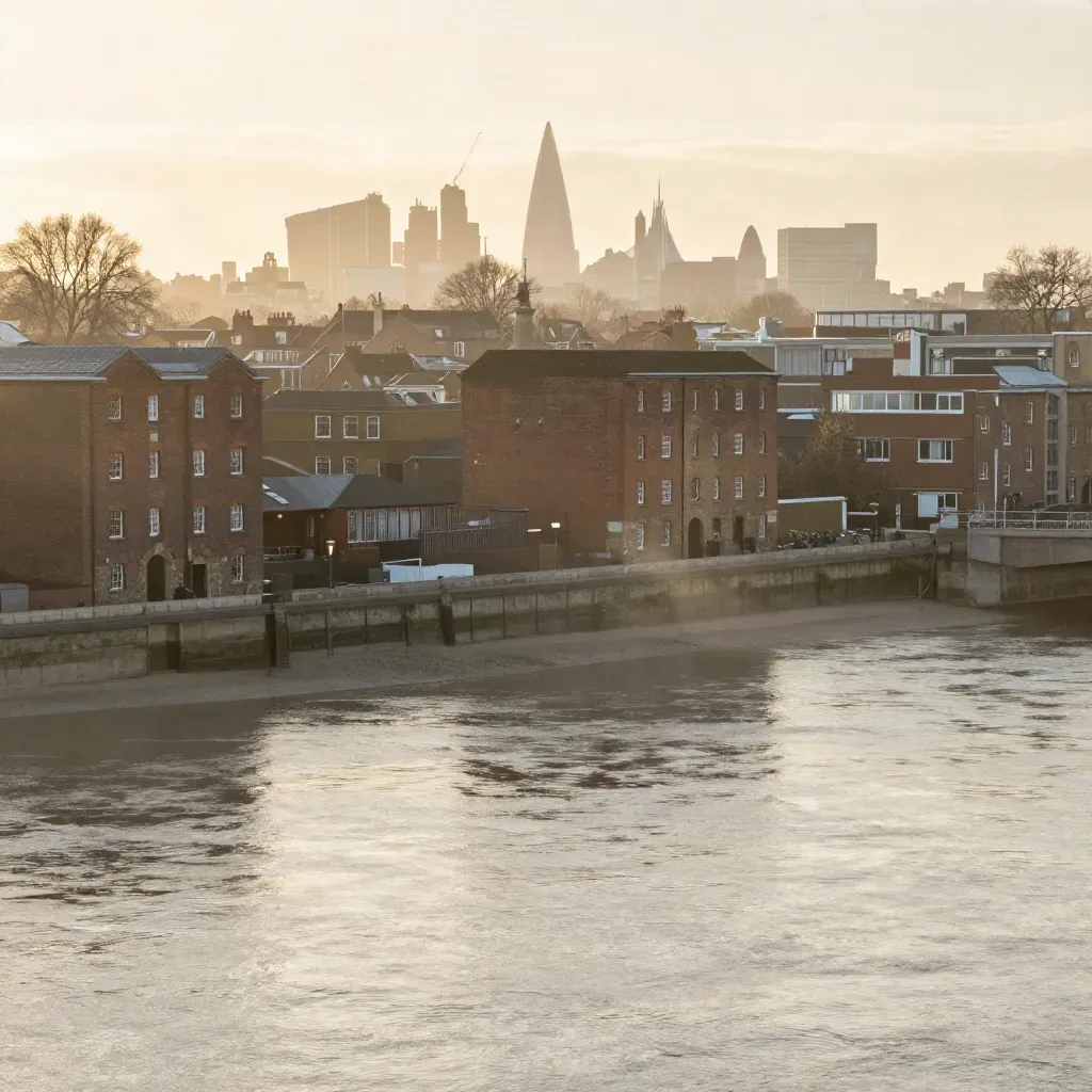Hazy London skyline over the Thames at golden hour with brick terraces and calm river reflections.
