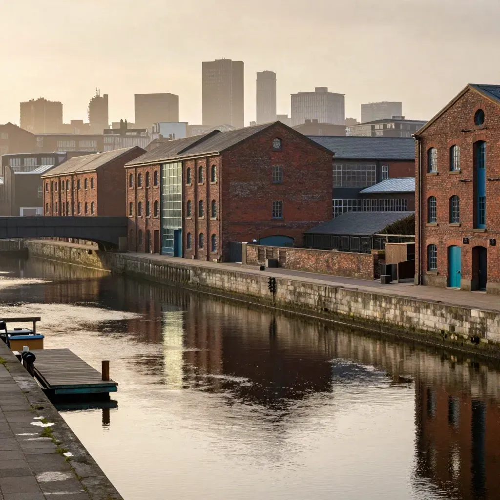 Misty North West England waterfront with brick warehouses, bridge lines and calm canal copy space