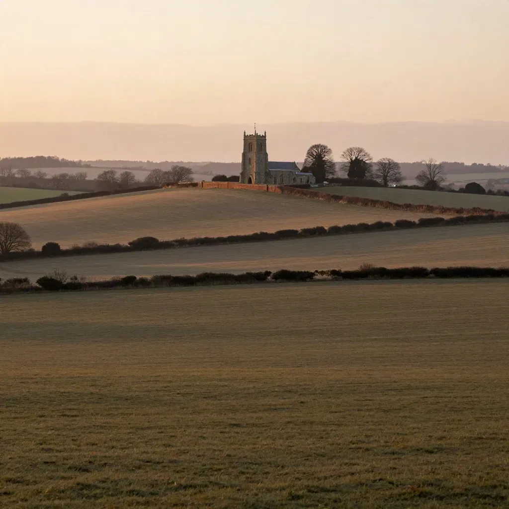 Midlands dusk landscape with a church tower on a red-brick ridge above hazy fields