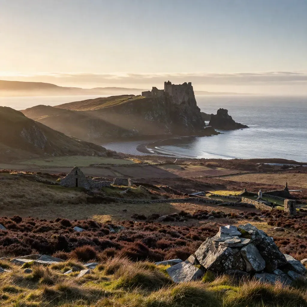 Golden-hour panorama of a cliff-top castle over a misty bay and valley, with calm copy space below.