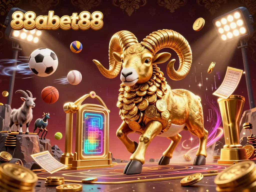 Engage in thrilling action with 88abet88 at a golden casino gate, featuring dynamic sports balls and golden elements.