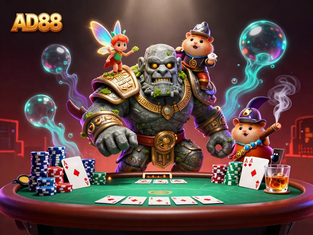 Engage in thrilling poker action with AD88's fantasy characters and iconic game elements.