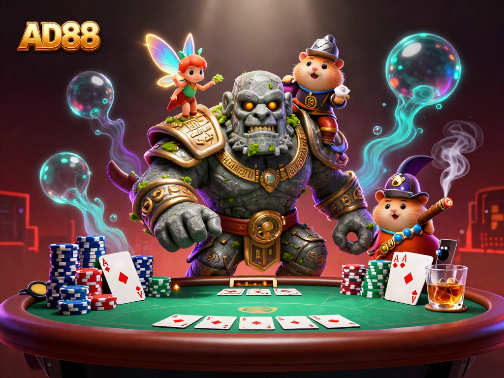 Engage in thrilling poker action with AD88's fantasy characters and iconic game elements.